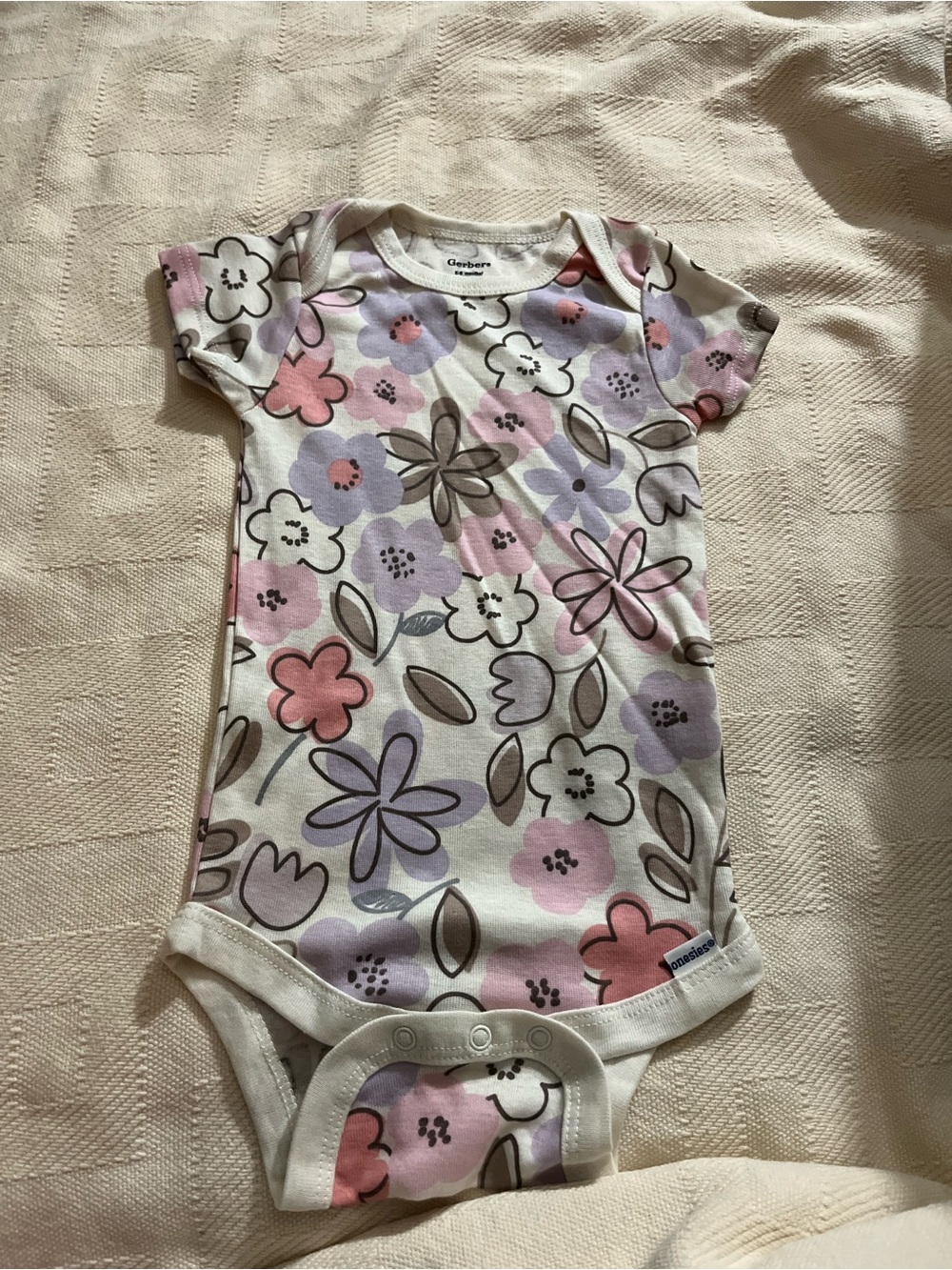 Gerber Floral Short-Sleeve One-Piece in White, Pink & Lavender